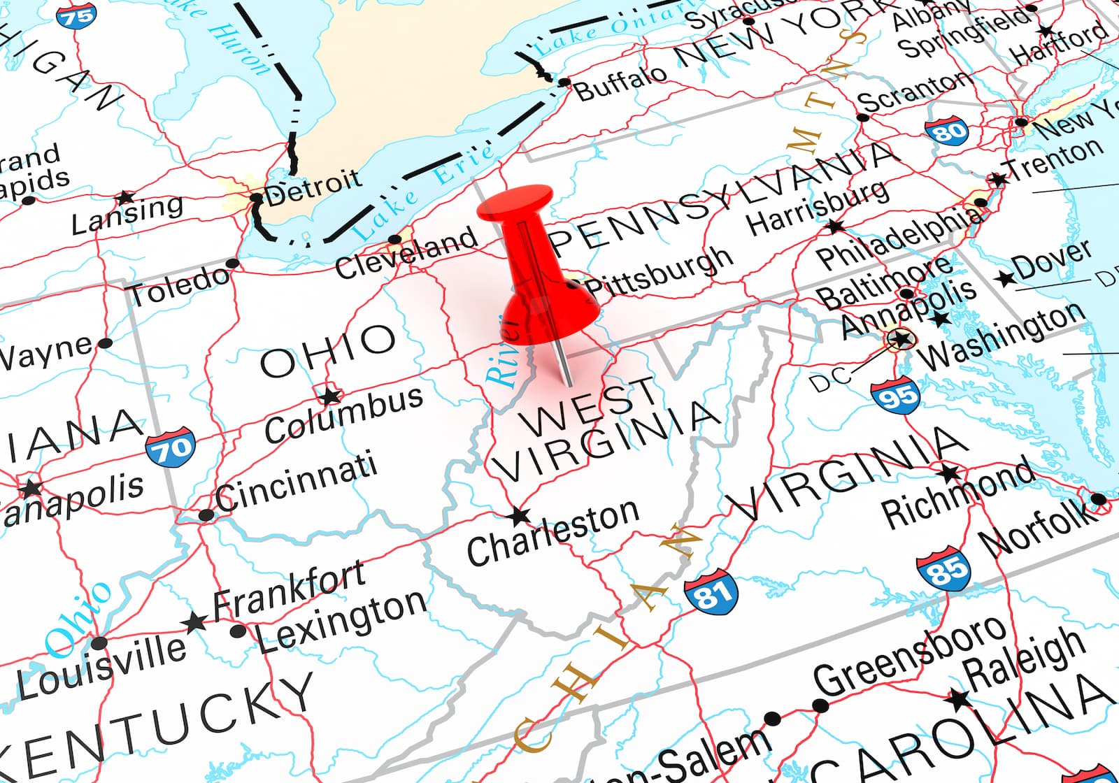 Map showing a pin in West Virginia